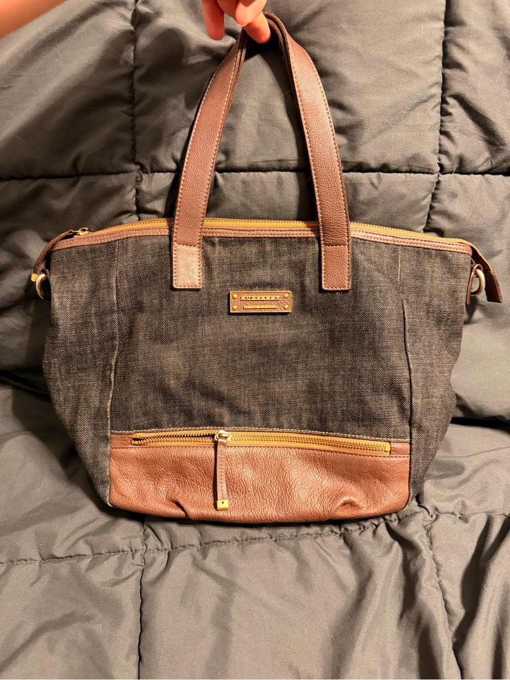 Authentic Burberry Blue Label Denim Tote Bag with Leather Crossbody Strap